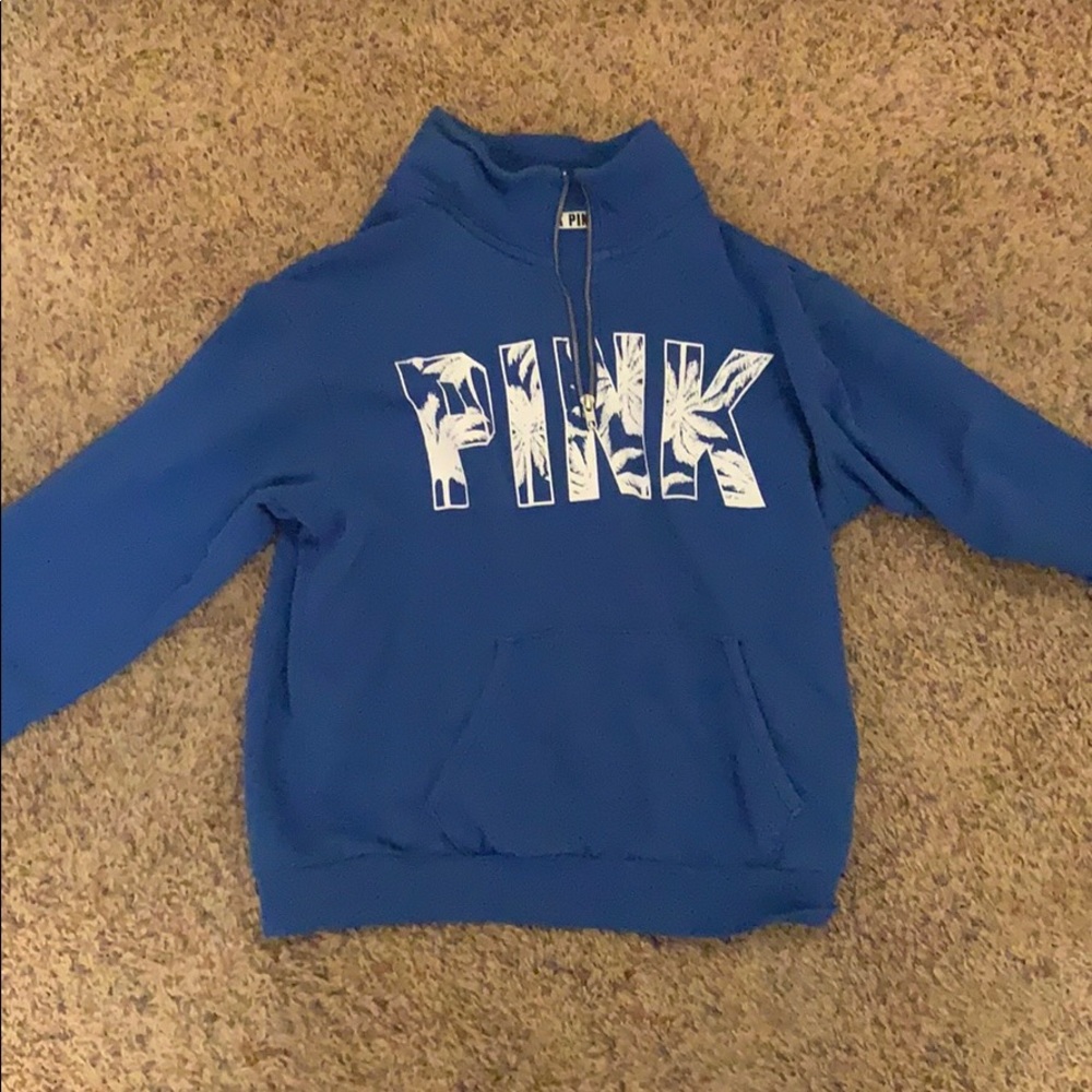 Pink blue quarter zip with palm trees in letters